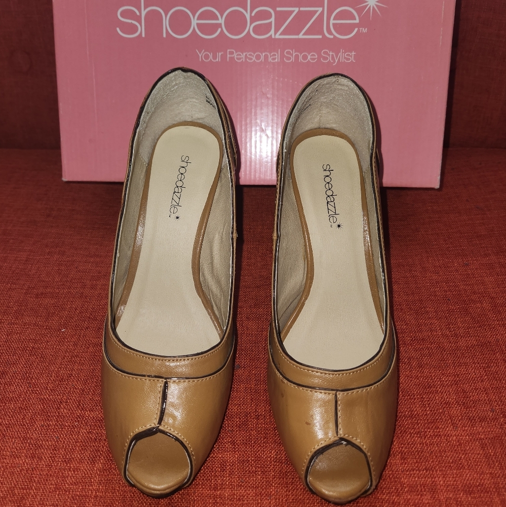 Women's Tan Peep Toe 4in High Heels By Shoe Dazzle Sz 7.5